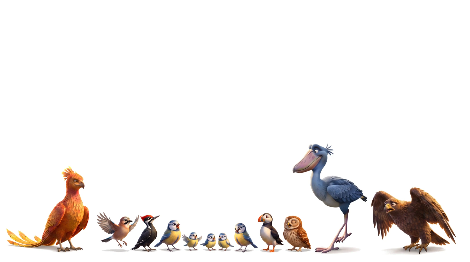 L'image qui ferme le film : le casting du conte aligné, chaque oiseau à sa vraie proportion.